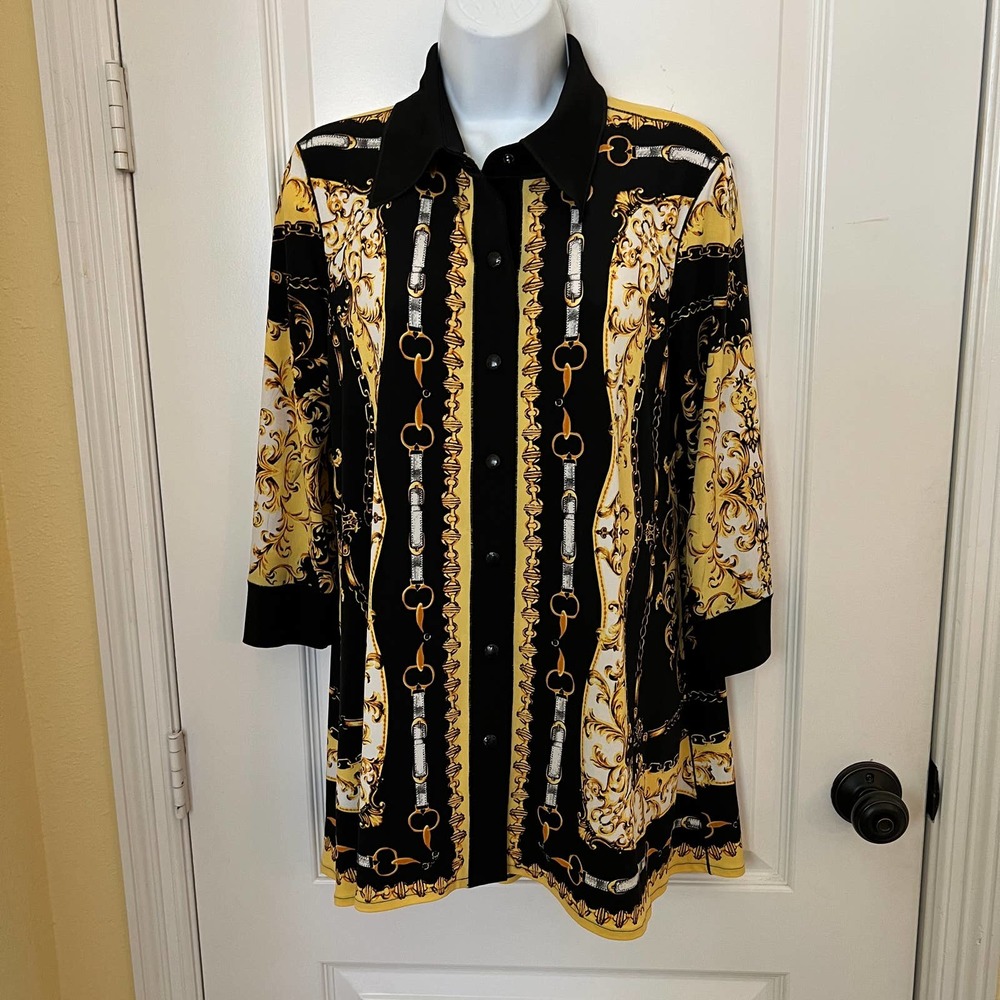 Eva Varro Handcrafted in USA Vintage Yellow Black Tunic Snap Closure M